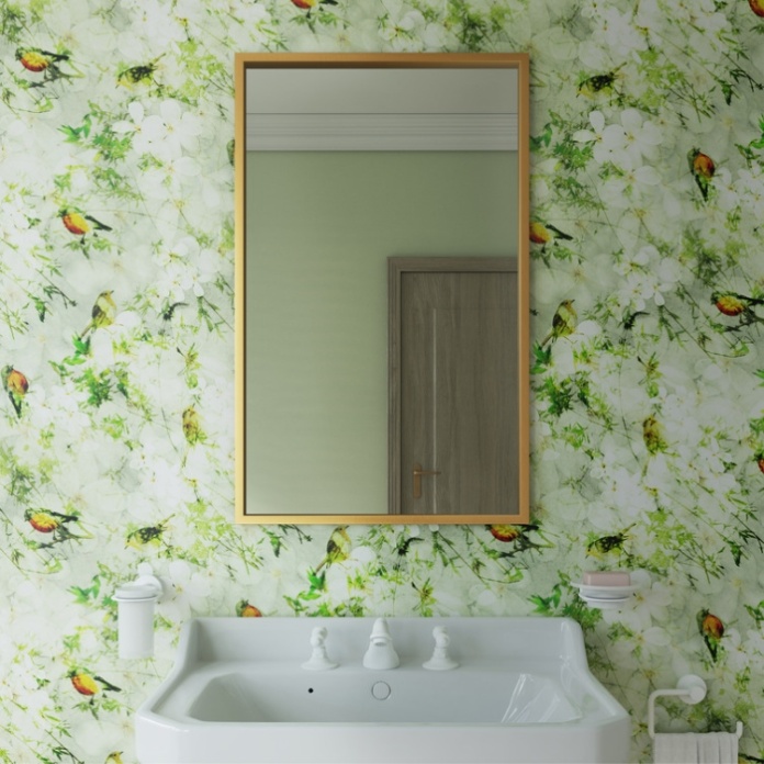 Product Lifestyle image of Origins Living Docklands Brushed Brass Rectangular Mirror against a green floral wallpaper